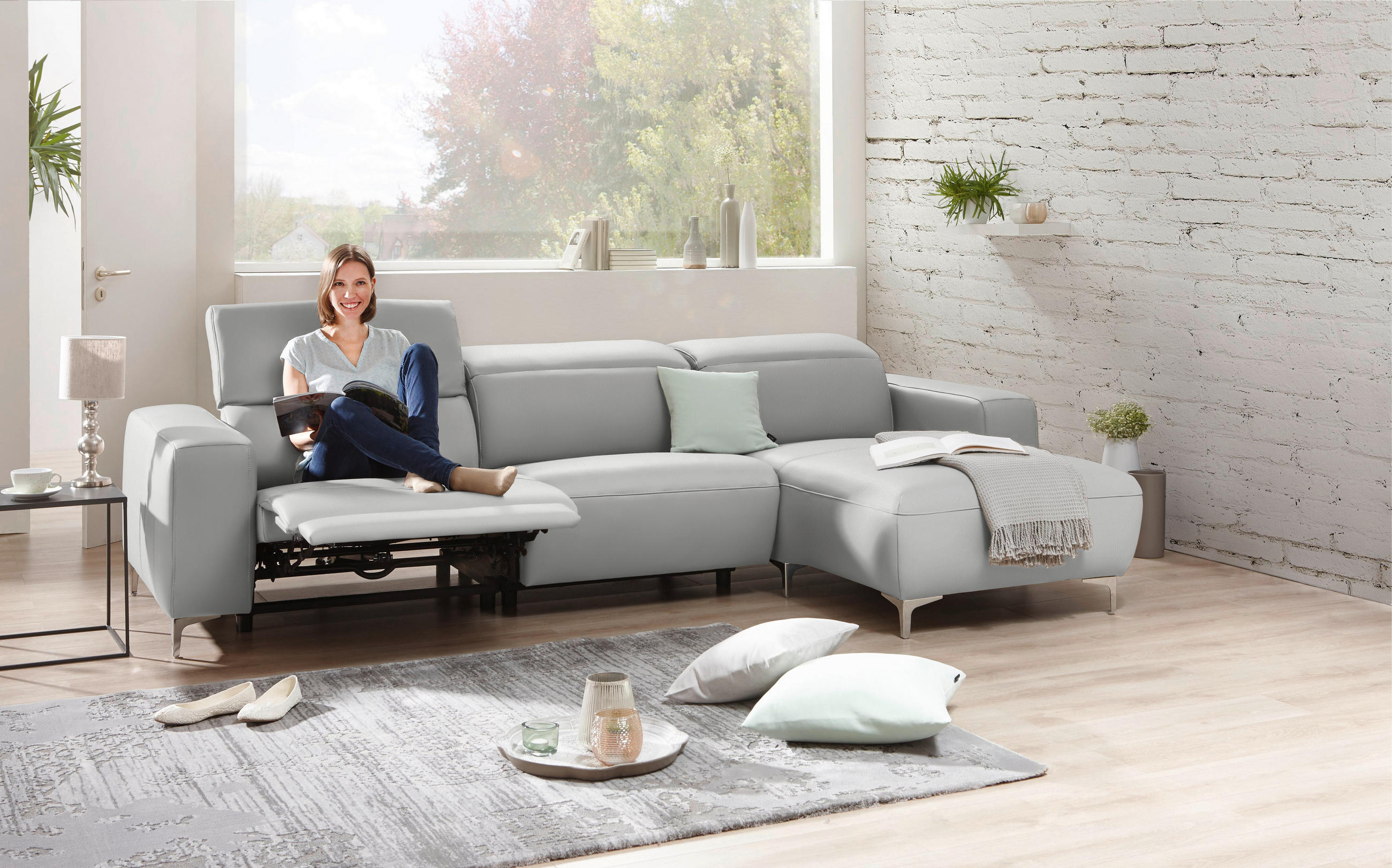 ECKSOFA Hellgrau Echtleder  - Chromfarben/Hellgrau, Design, Leder/Metall (292/177cm) - Pure Home Lifestyle