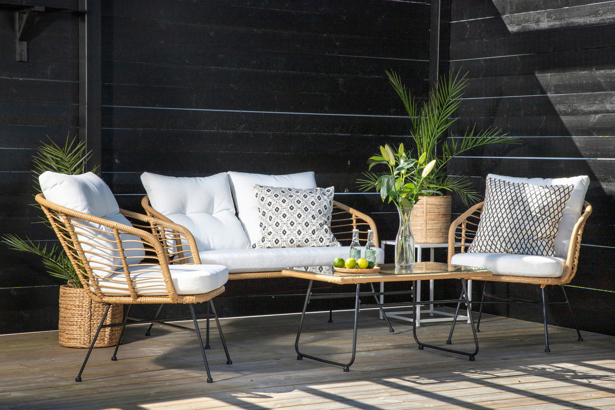 LOUNGEGARNITUR   Stahl  - Beige/Schwarz, KONVENTIONELL, Glas/Kunststoff - Gardenson