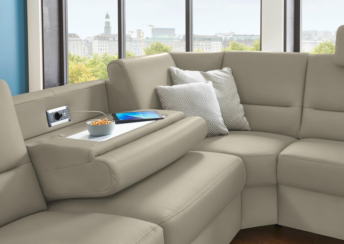 ECKSOFA in Echtleder Ecru  - Ecru/Alufarben, Konventionell, Leder/Metall (290/249cm) - Beldomo Premium