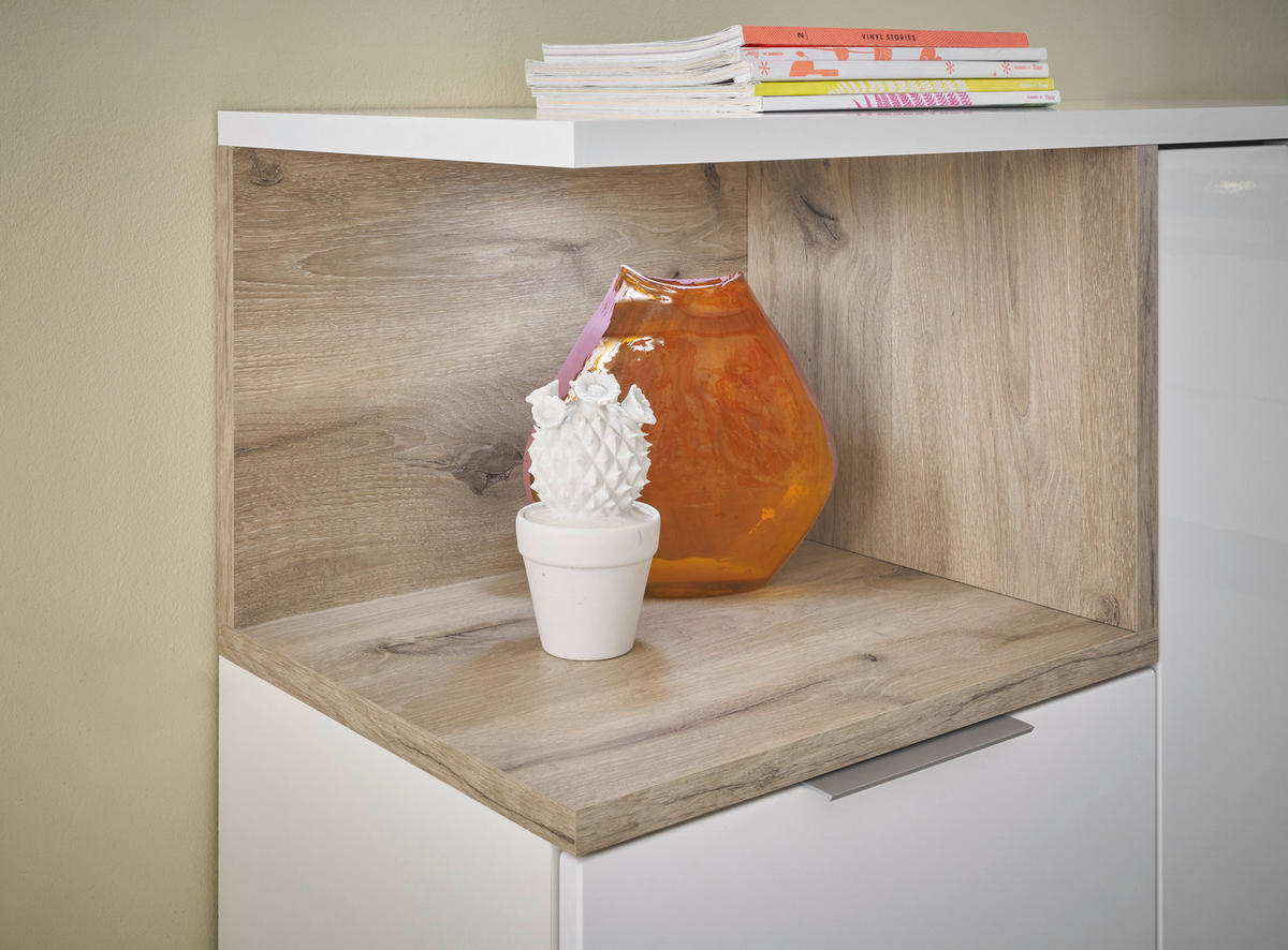 ŠIROKÁ KOMODA, farba duba, biela s vysokým leskom, 165/80/38 cm - čierna/biela s vysokým leskom, Basics, kompozitné drevo/plast (165/80/38cm)