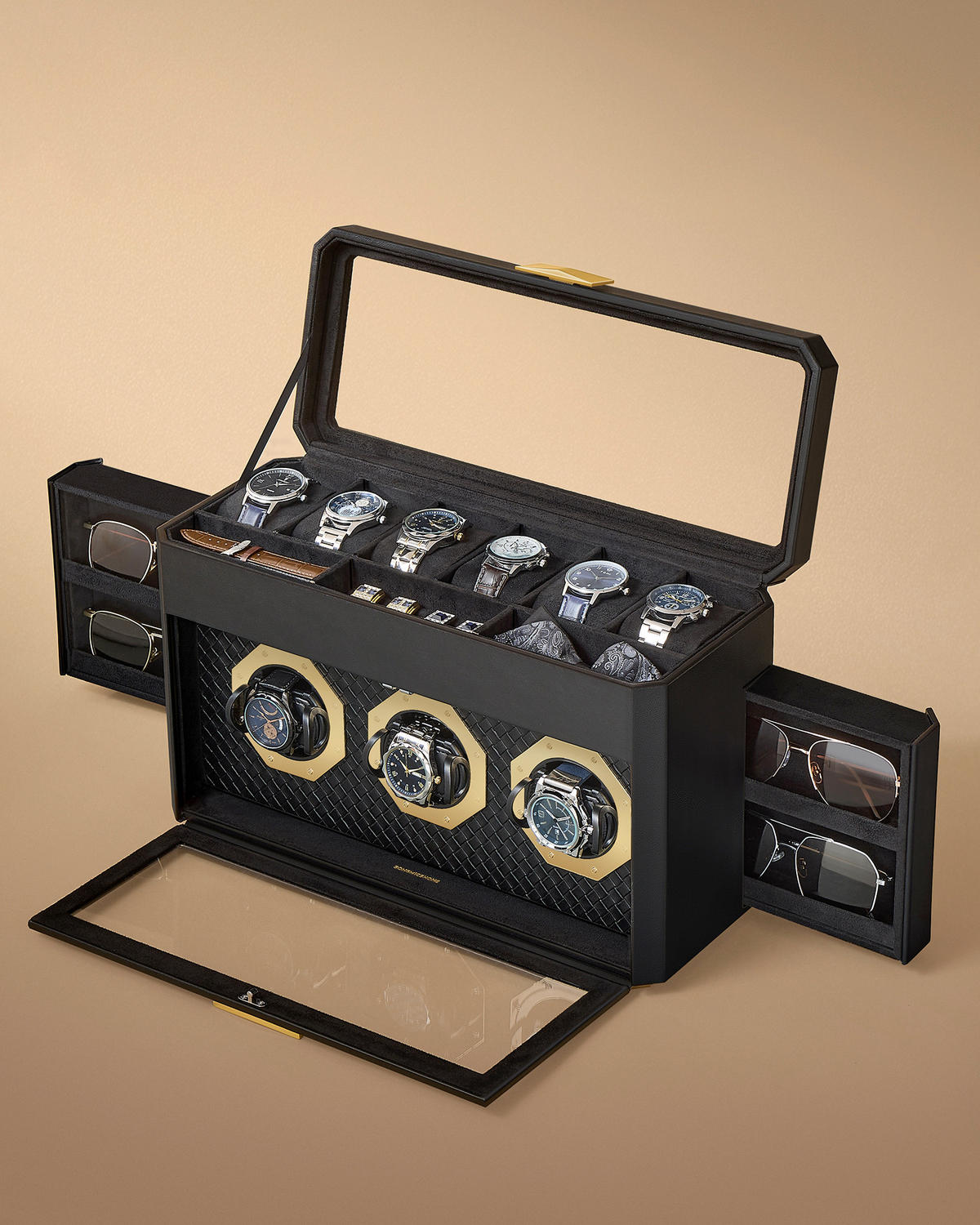 UHRENBOX - Schwarz, LIFESTYLE, Glas/Leder (40/25,3/16,2cm)