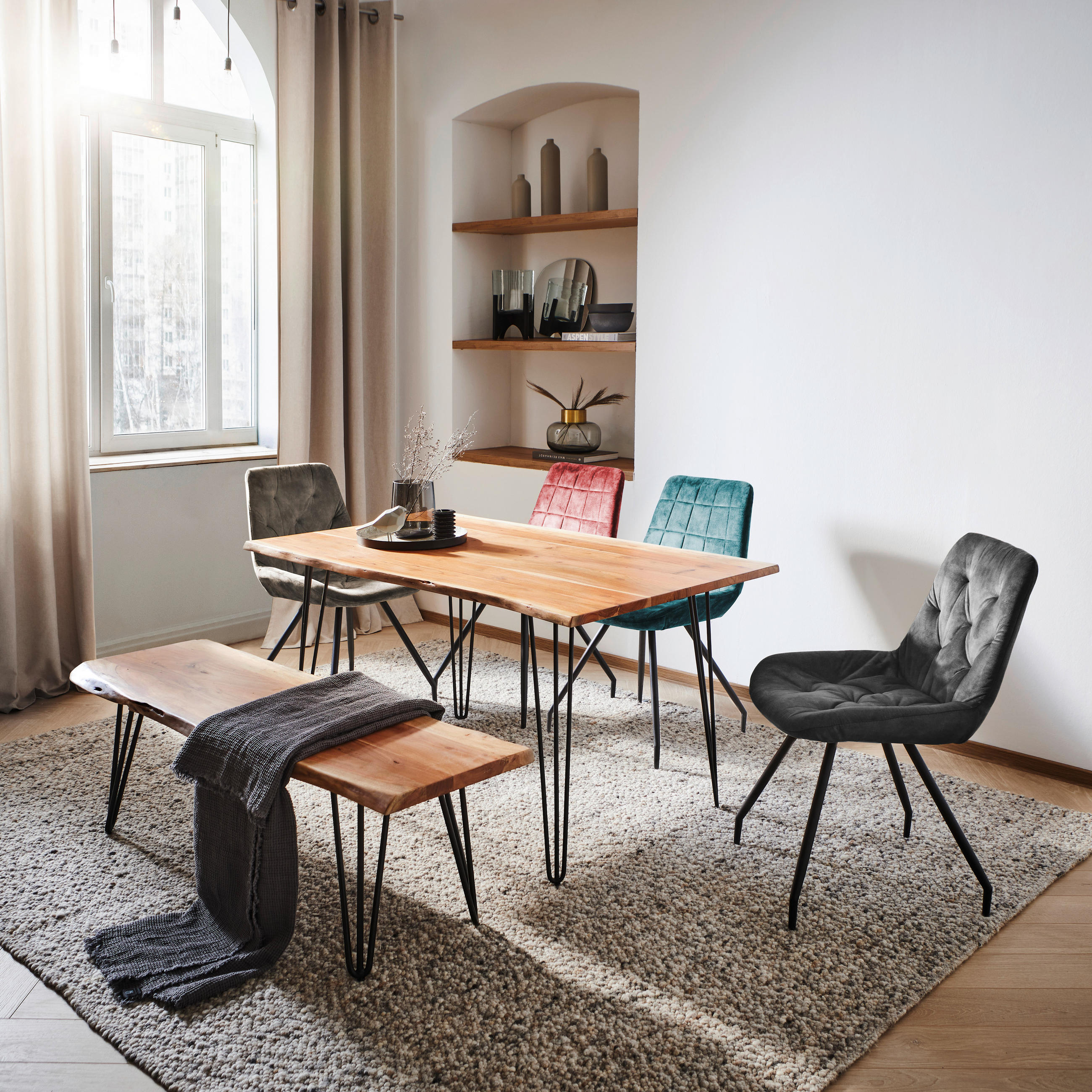 STUHL Samt Grau, Schwarz  - Schwarz/Grau, Design, Textil/Metall (51/88/66cm) - Novel