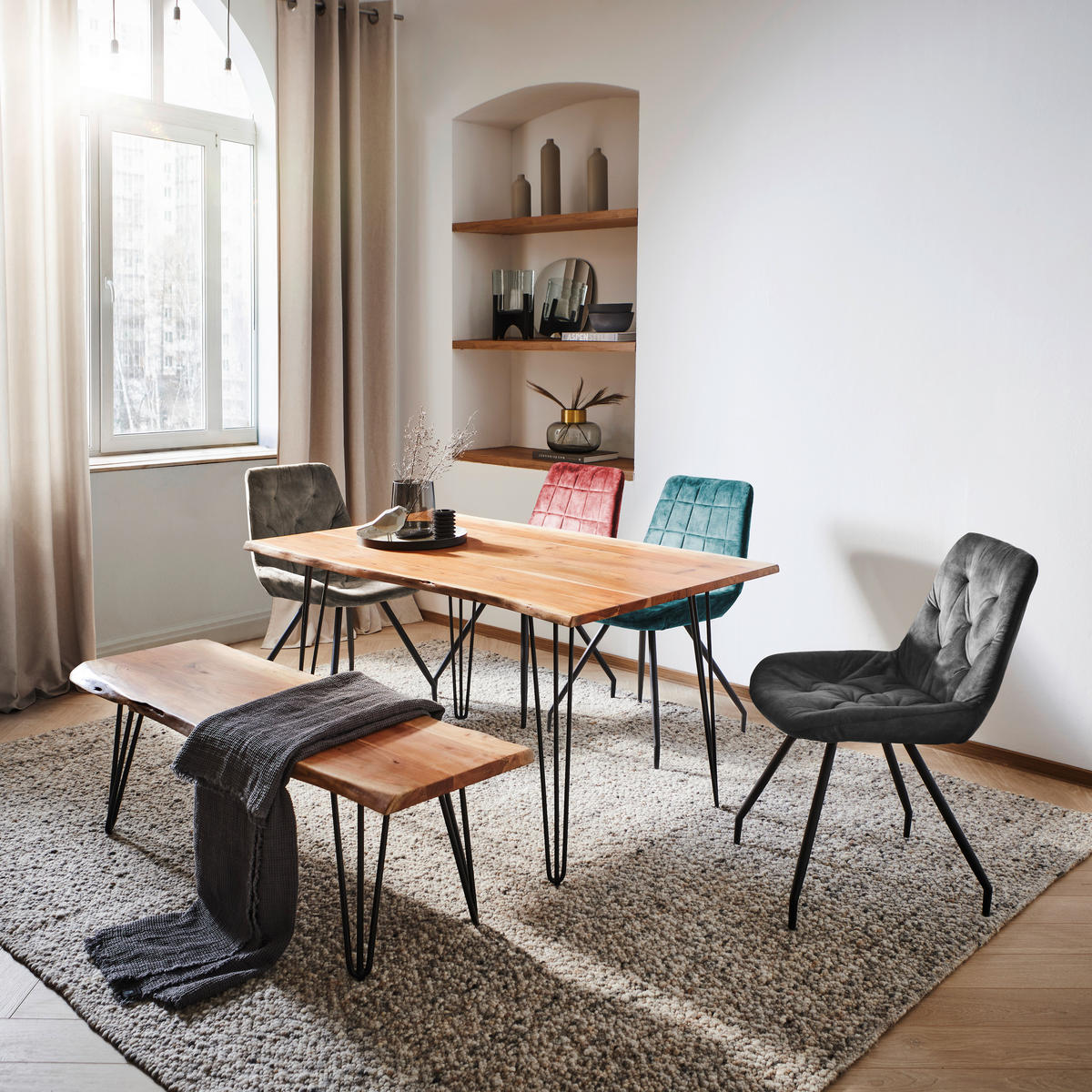 STUHL Samt Grau, Schwarz  - Schwarz/Grau, Design, Textil/Metall (51/88/66cm) - Novel