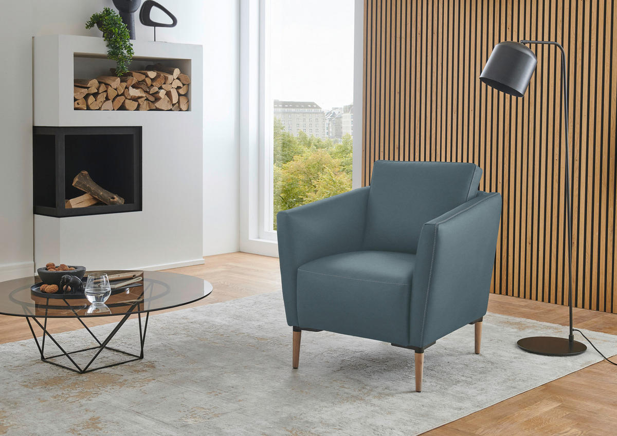 SESSEL in Echtleder Blaugrau  - Eichefarben/Beige, Natur, Leder/Holz (75/84/76cm) - Valnatura