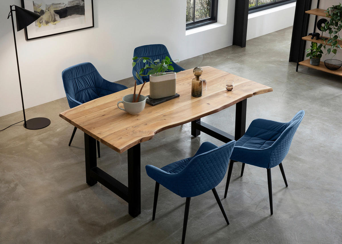 TISCHGRUPPE Samt Akazie massiv Blau, Naturfarben  - Blau/Naturfarben, MODERN, Holz/Textil (160/85/76,5cm) - Livetastic