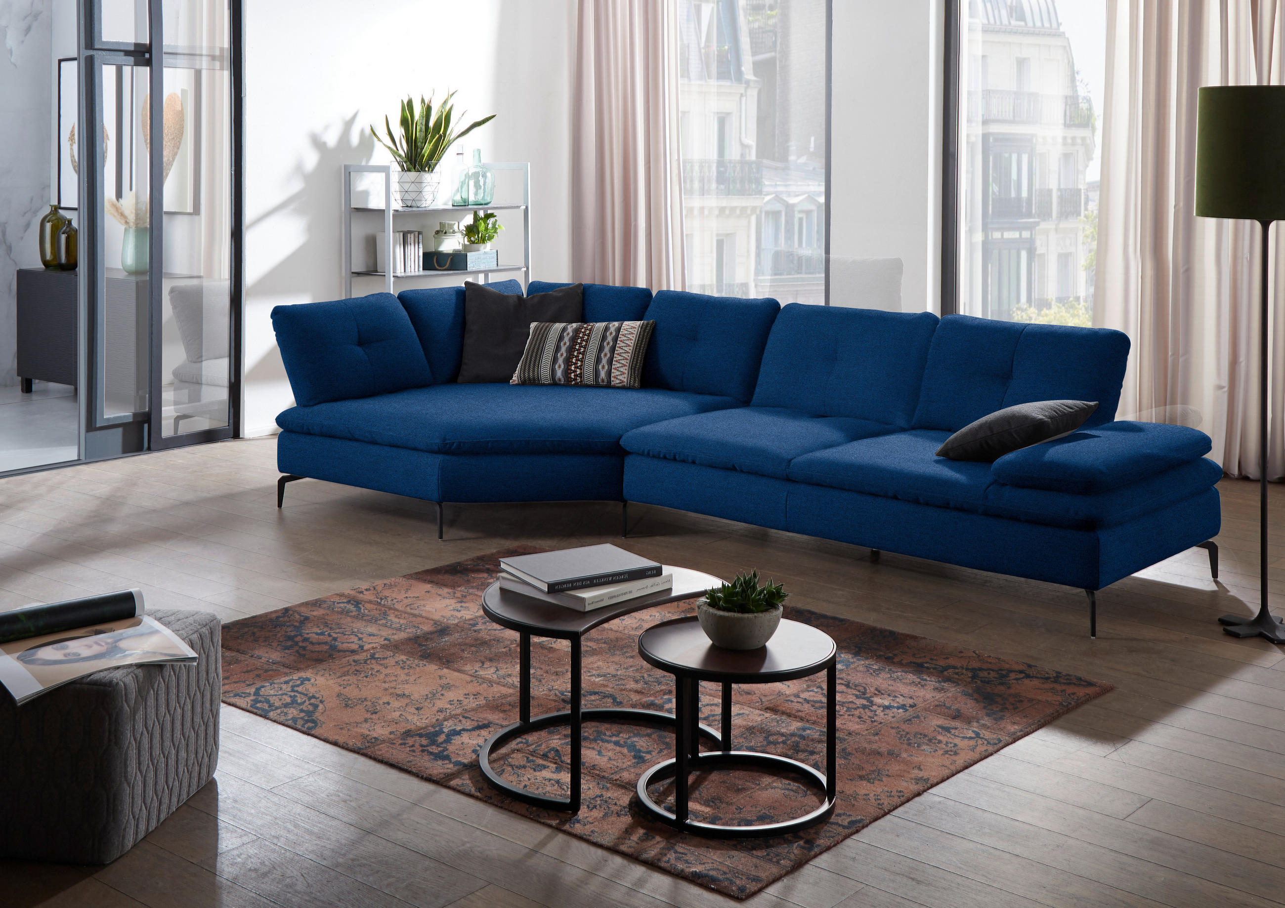 ECKSOFA in Flachgewebe Blau  - Blau/Schwarz, Design, Textil/Metall (157/344cm) - Chilliano