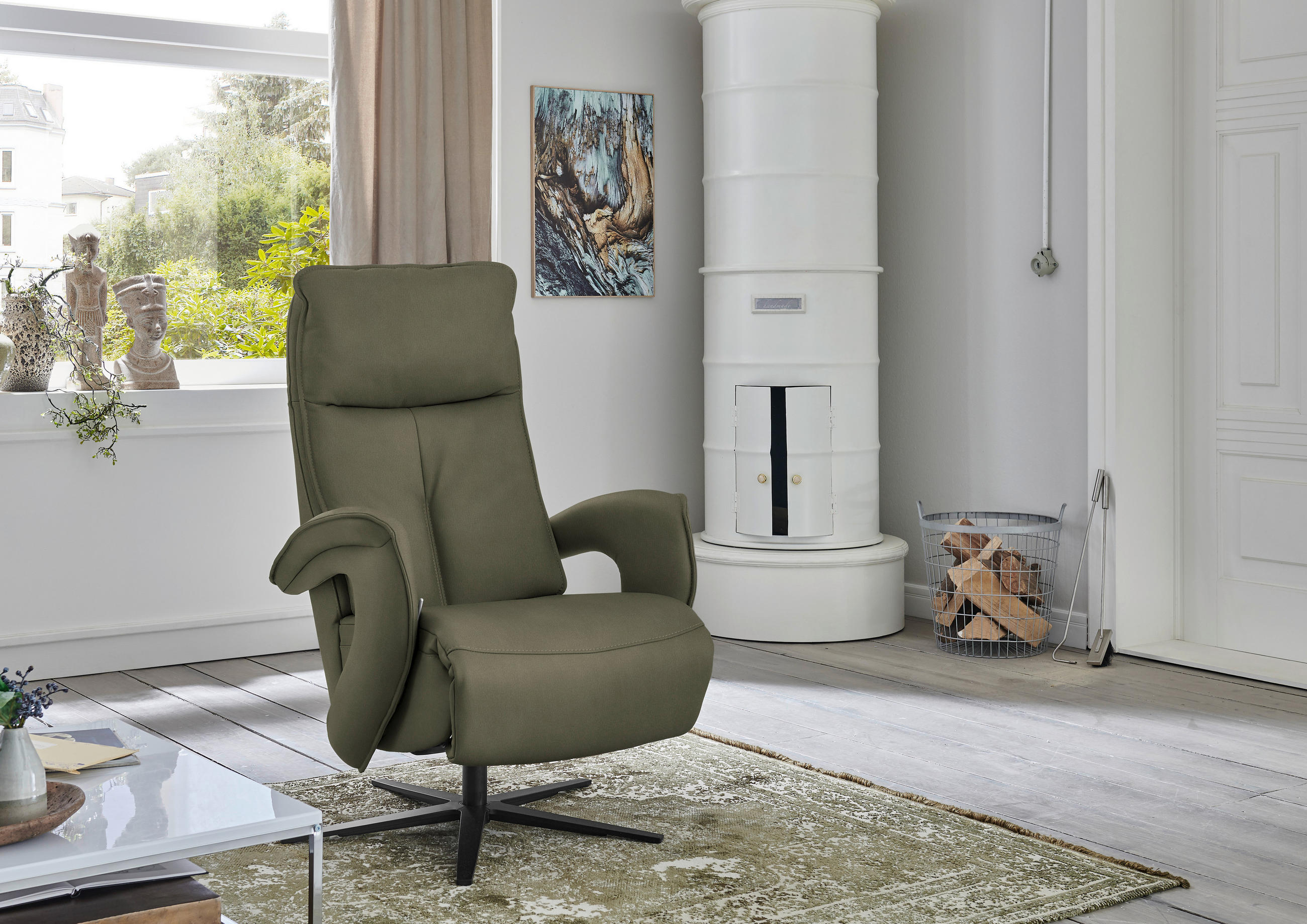 RELAXSESSEL in Leder Graugrün  - Schwarz/Graugrün, Design, Leder/Metall (77/110/87cm) - Valdera