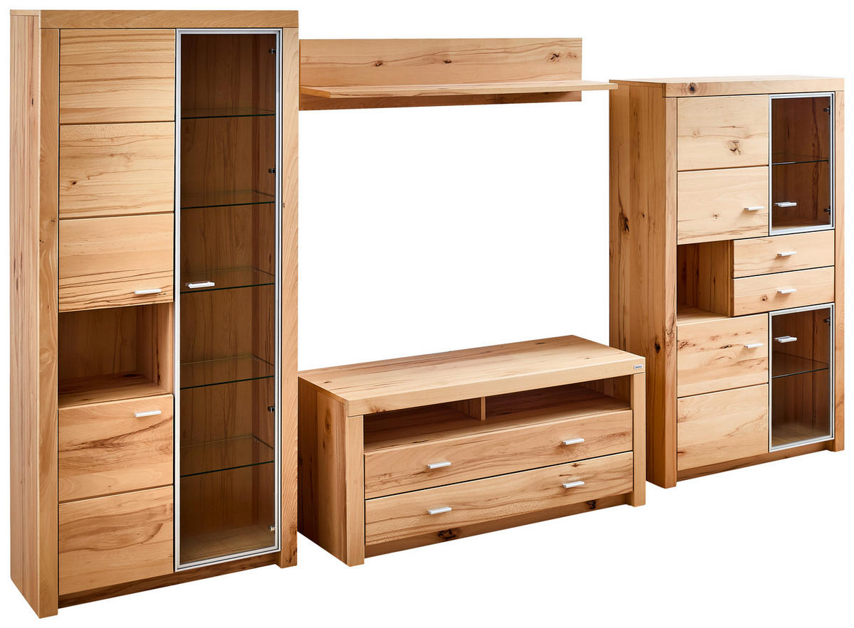 WOHNWAND  in Buchefarben  322/196/50 cm  - Buchefarben/Alufarben, KONVENTIONELL, Glas/Holz (322/196/50cm) - Cantus