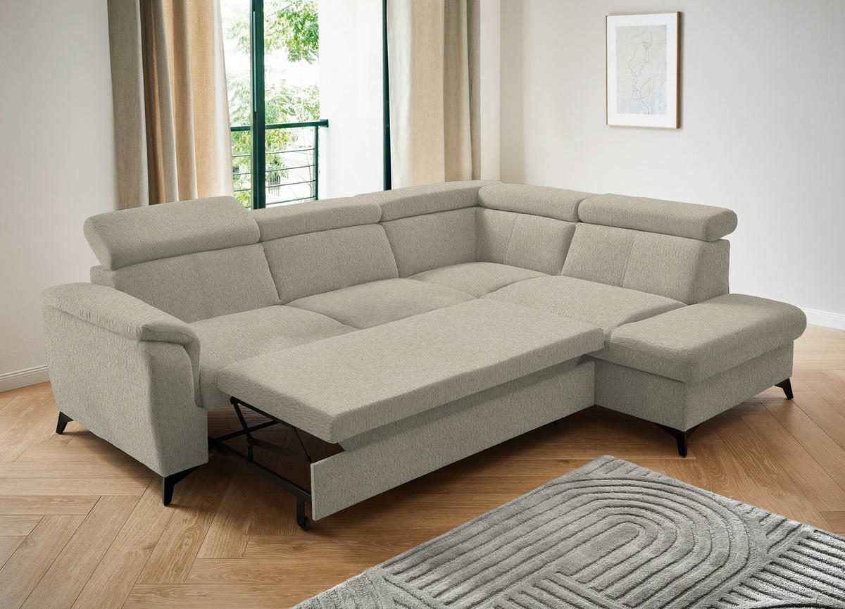 ECKSOFA in Teddystoff Ecru  - Ecru/Schwarz, Design, Textil/Metall (260/203cm) - Stylife