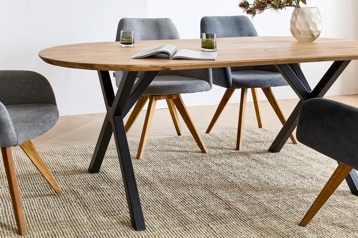 ESSTISCH Eiche massiv oval Eichefarben  - Eichefarben/Schwarz, Design, Holz/Metall (200/100/76cm) - Linea Natura