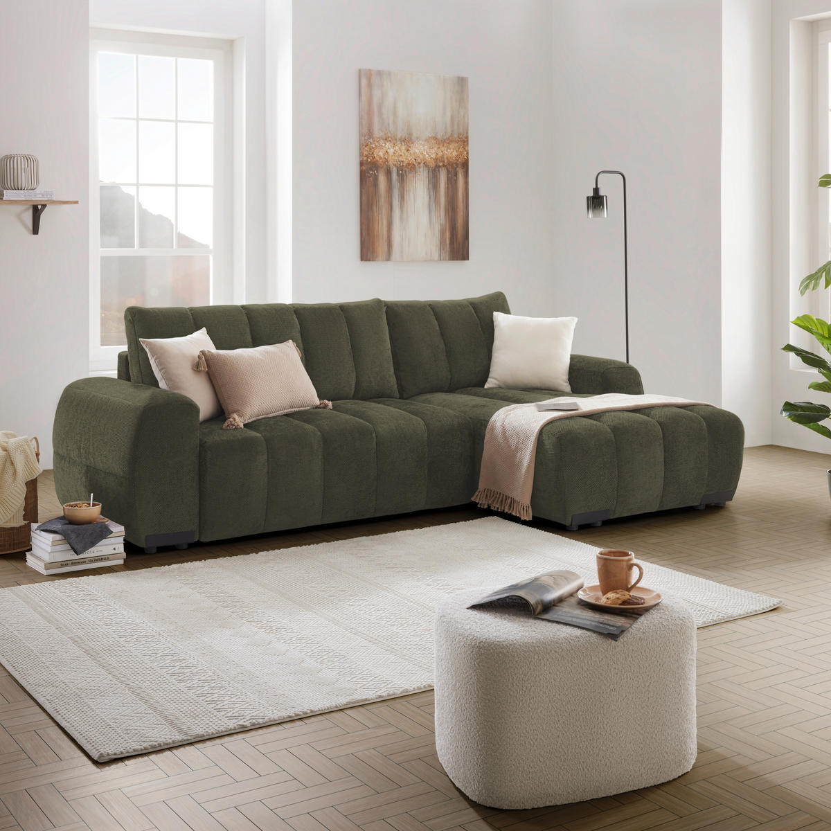 ECKSOFA Flachgewebe Olivgrün  - Schwarz Hochglanz/Olivgrün, Modern, Textil/Metall (273/93/166cm) - MID.YOU