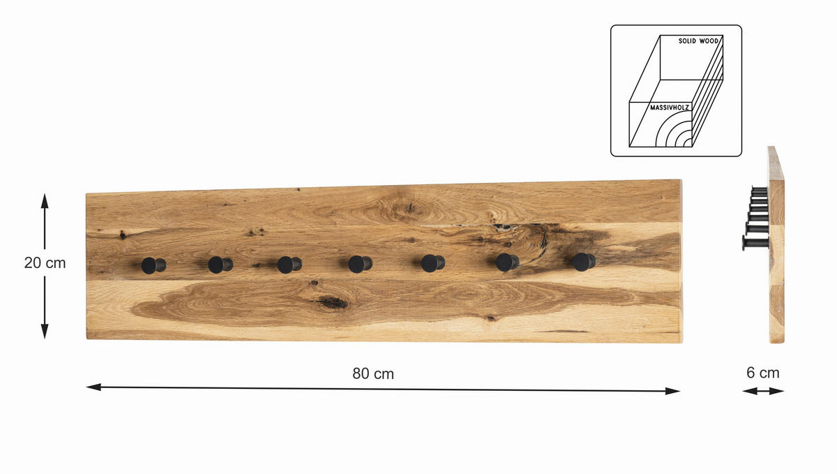 WANDGARDEROBE  in Eiche massiv Schwarz, Eichefarben  - Eichefarben/Schwarz, Basics, Holz/Metall (80/20/6cm)