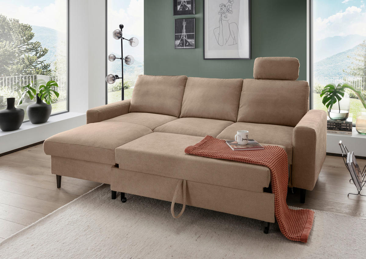 ECKSCHLAFSOFA in Chenille Hellbraun  - Hellbraun/Schwarz, MODERN, Holz/Textil (147/234cm) - Livetastic