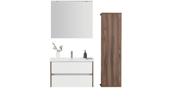 BADEZIMMER 90 cm  - Weiß Hochglanz/Nussbaumfarben, Basics, Glas/Keramik (90cm) - Voleo