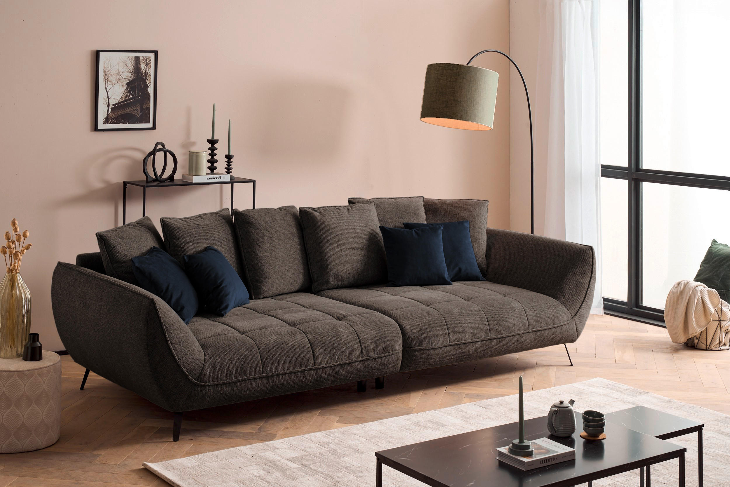 BIGSOFA in Flachgewebe Braun  - Schwarz/Dunkelblau, Design, Textil/Metall (311/95/130cm) - Livetastic