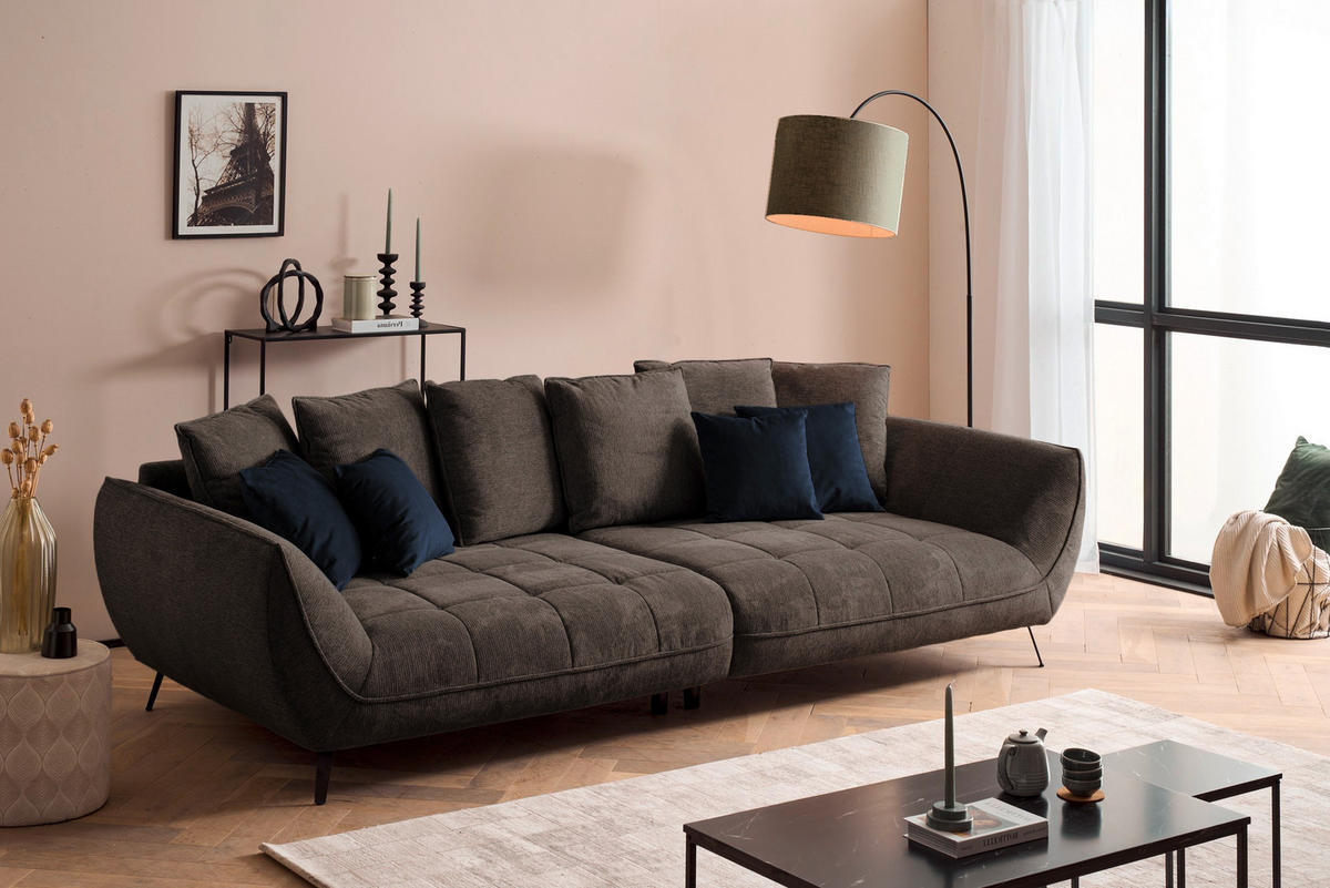 BIGSOFA in Flachgewebe Braun  - Schwarz/Dunkelblau, Design, Textil/Metall (311/95/130cm) - Livetastic