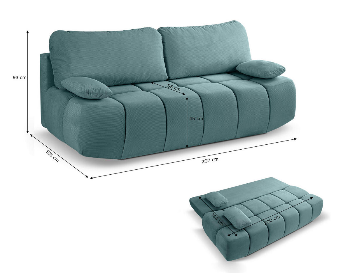 SCHLAFSOFA LAUDER  mit Cord Minttürkis  - Schwarz/Minttürkis, Basics, Kunststoff/Textil (207/93/105cm) - MID.YOU