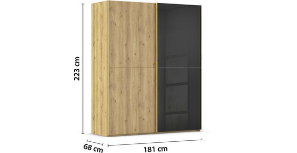 SCHWEBETÜRENSCHRANK 180/223/68 cm 2-türig Schwarz, Eichefarben  - Eichefarben/Schwarz, Design, Glas/Holz (180/223/68cm) - Novel