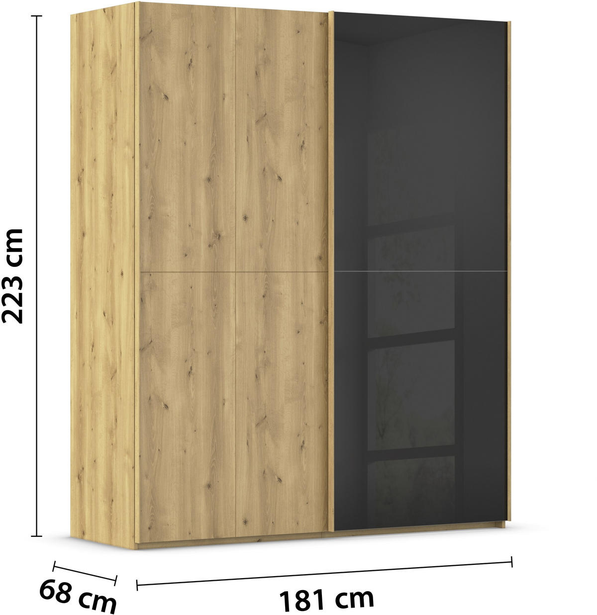 SCHWEBETÜRENSCHRANK 180/223/68 cm 2-türig Schwarz, Eichefarben  - Eichefarben/Schwarz, Design, Glas/Holz (180/223/68cm) - Novel