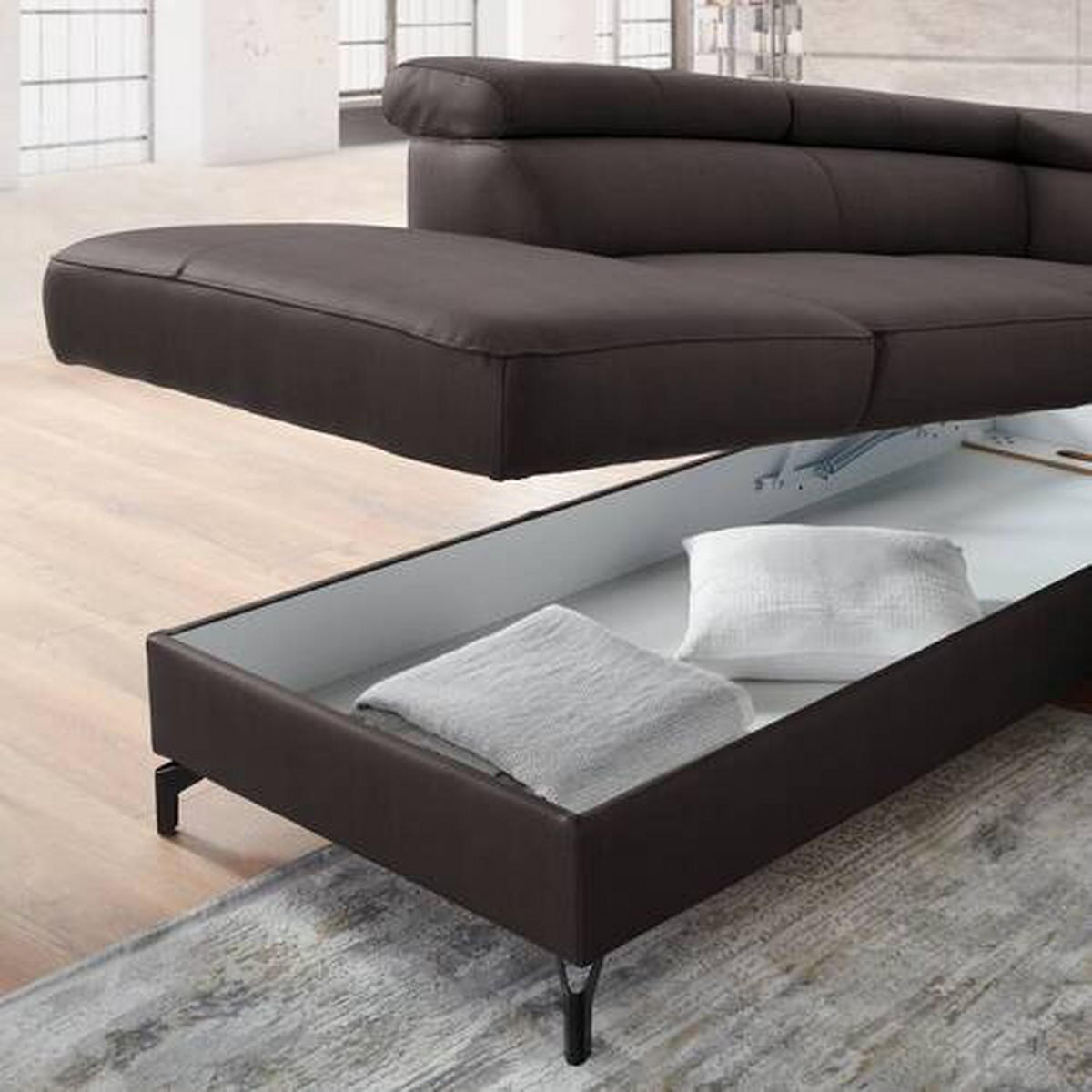 ECKSOFA Dunkelbraun Echtleder  - Dunkelbraun/Schwarz, Design, Leder/Metall (220/256cm) - Celina Home