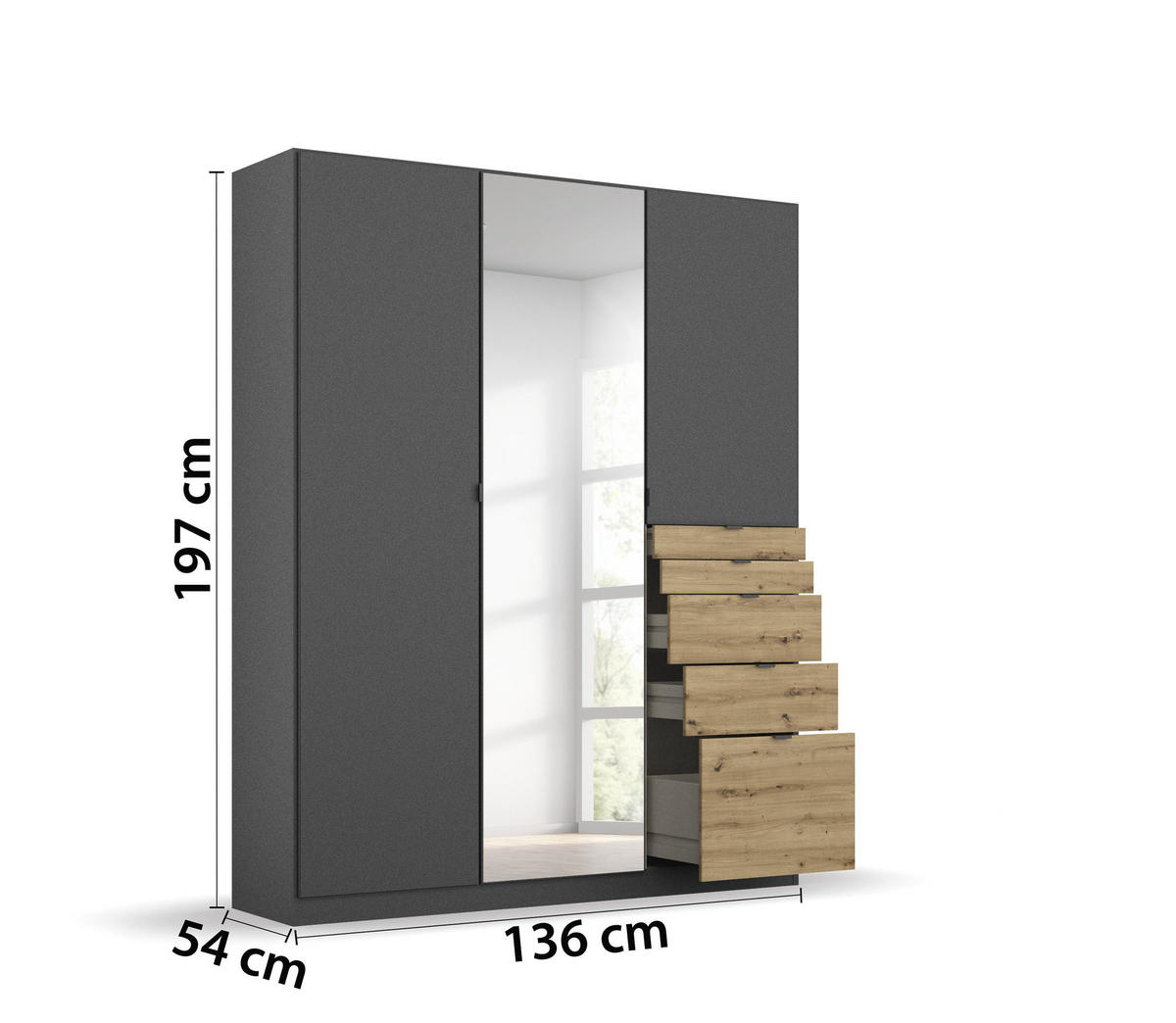 DREHTÜRENSCHRANK in Eichefarben, Dunkelgrau  - Eichefarben/Dunkelgrau, Modern, Holzwerkstoff (136/197/54cm) - Rauch Möbel