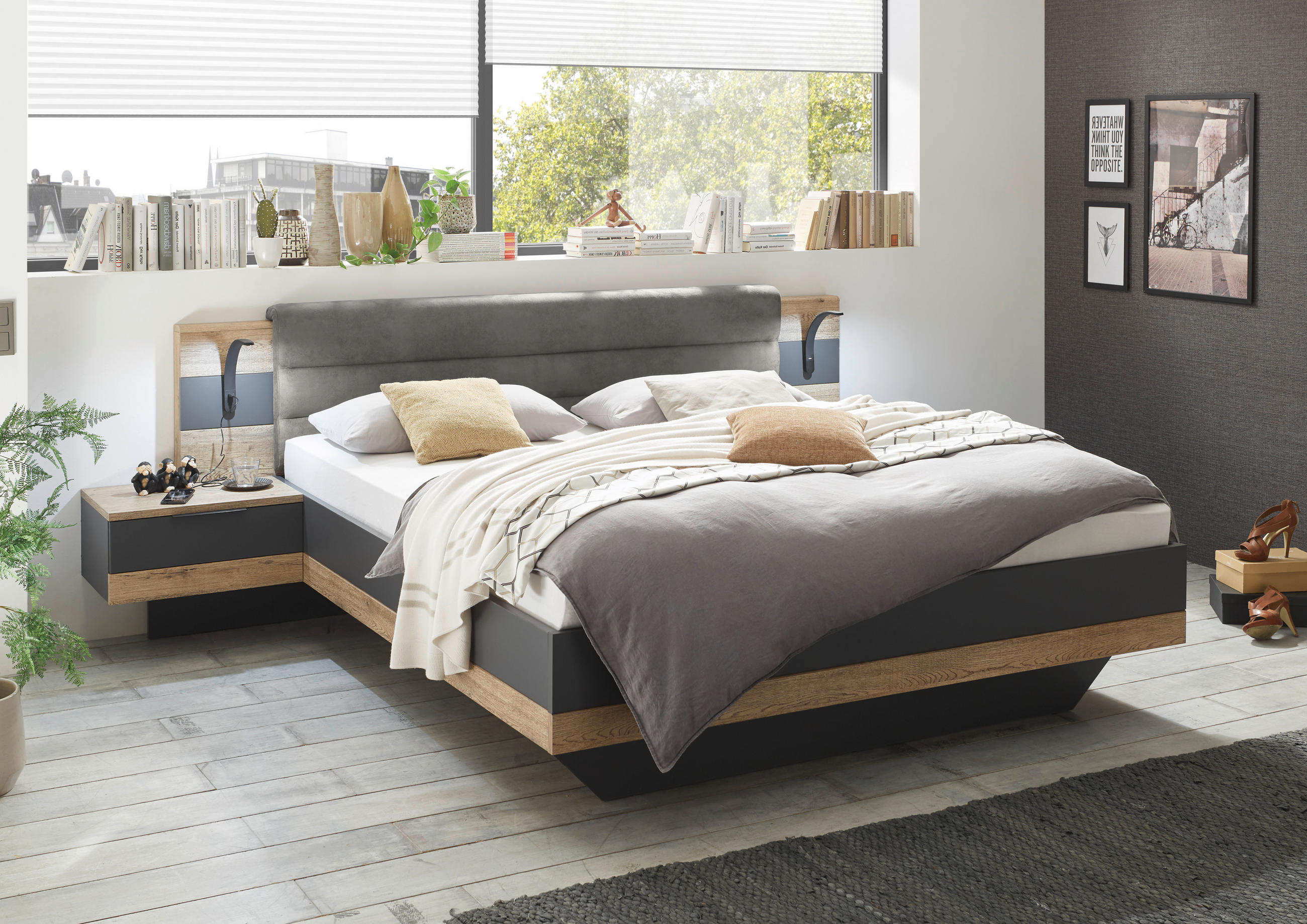SET KREVETA I NOĆNIH ORMARIĆA 180/200 cm boje grafita, boje hrasta - boje grafita/boje hrasta, Moderno, drvni materijal/tekstil (180/200cm) - Hom`in