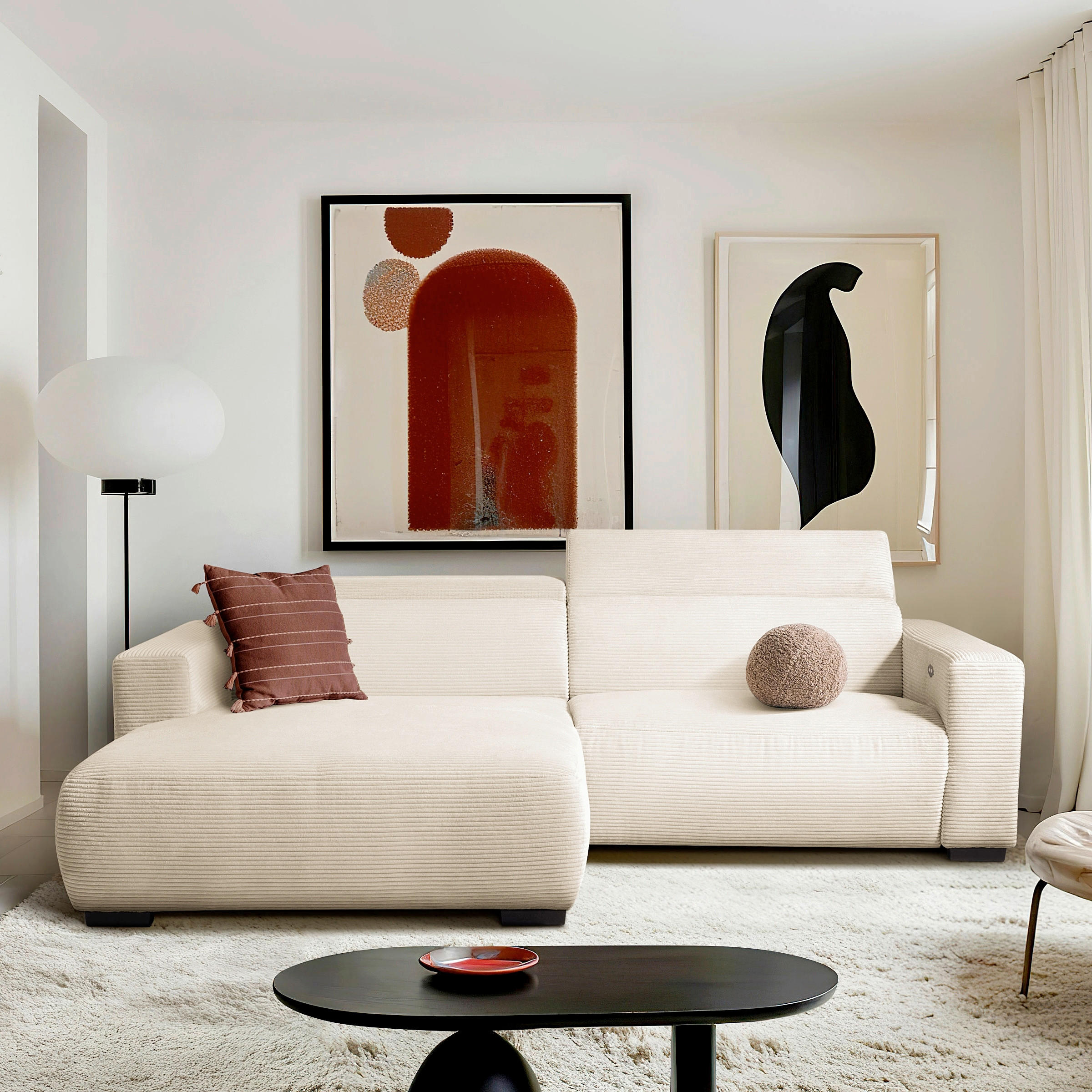 ECKSOFA RENO Beige Cord Relaxfunktion, Kopfteilverstellung  - Beige/Schwarz, Design, Kunststoff/Textil (184/248cm) - Livetastic