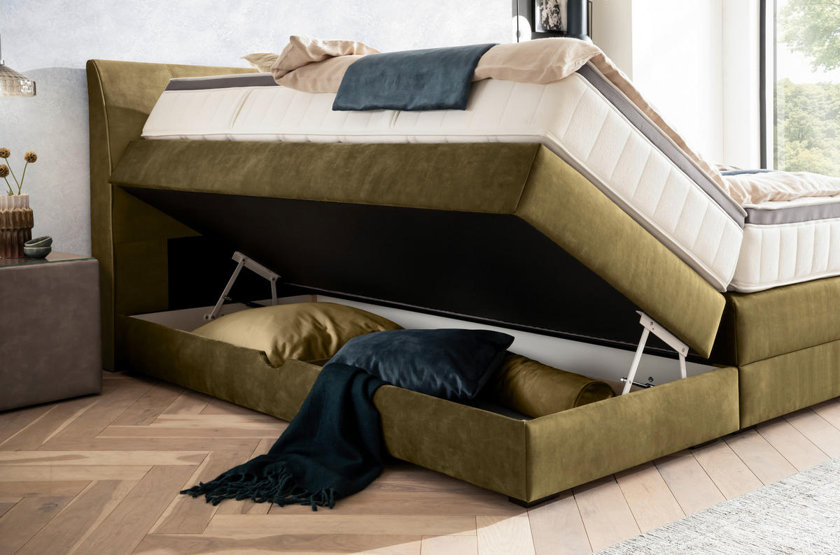 BOXSPRINGBETT 180/200 cm  in Olivgrün  - Wengefarben/Olivgrün, Konventionell, Holz/Textil (180/200cm) - Novel