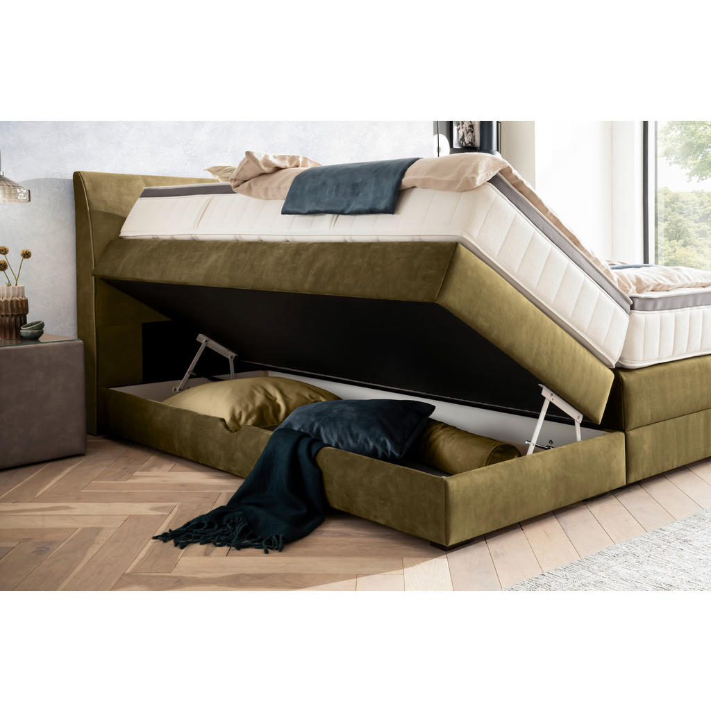 Thumbnail - Novel Boxspringbett, Olivgrün, Textil, Wenge, H3 + H4, 7-Zonen, Höhe ca. 27 cm, 200x200 cm, Bettkasten, Federkernmatratz...