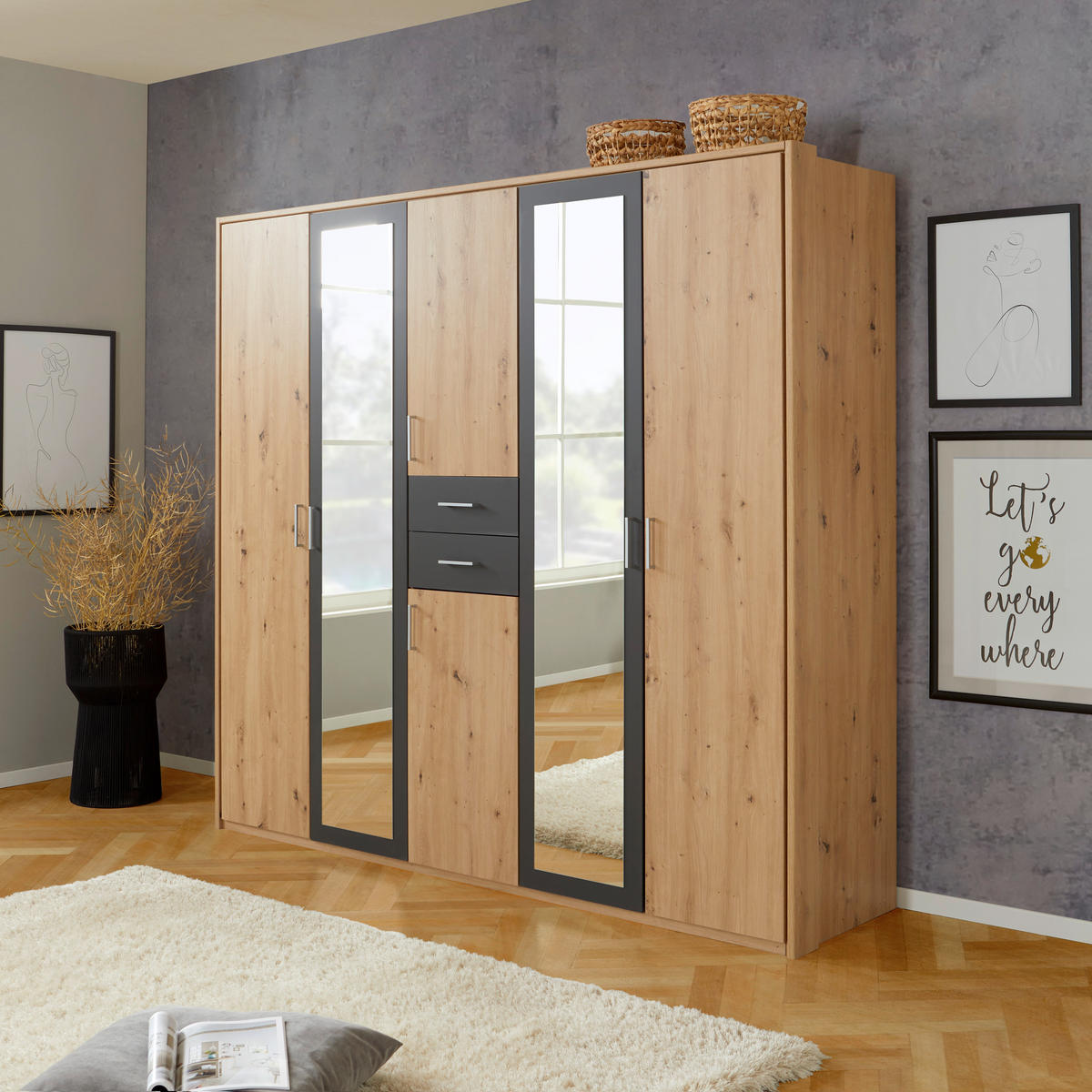 KLEIDERSCHRANK in Graphitfarben, Eichefarben  - Eichefarben/Alufarben, Konventionell, Holzwerkstoff/Kunststoff (225/210/58cm) - MID.YOU
