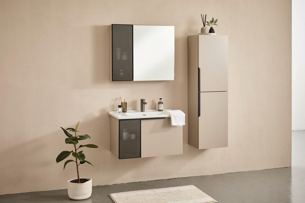 BADEZIMMER 3-teilig  in  - Weiß Hochglanz/Beige, MODERN, Glas/Holz (80/114/45cm) - MID.YOU