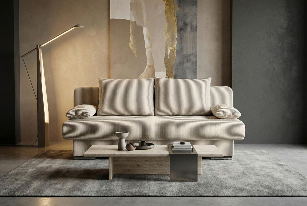 SCHLAFSOFA Cord Creme Rückenkissen, Armlehnenkissen, Bettkasten, Schlaffunktion, Rücken echt, Stauraum, Liegefläche im Originalstoff  - Chromfarben/Creme, Design, Kunststoff/Textil (193/85/86cm) - P & B