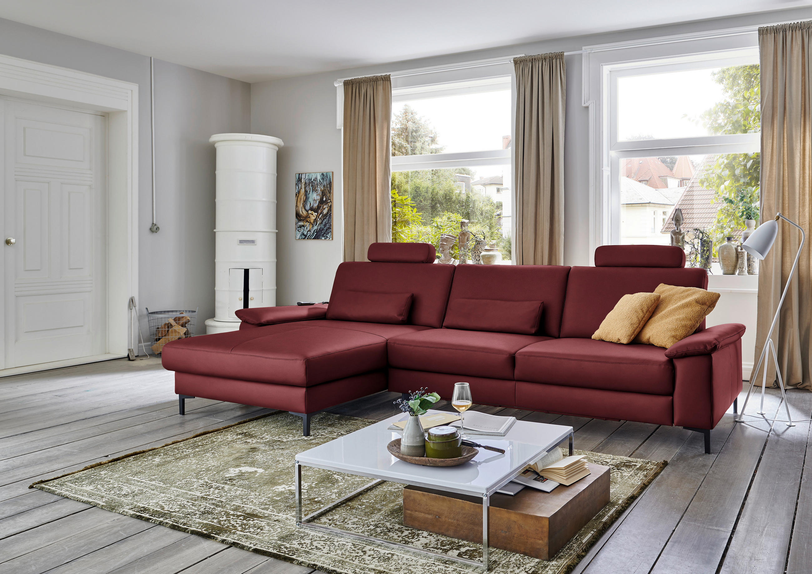 ECKSOFA in Echtleder Rot  - Rot/Schwarz, Design, Leder/Metall (176/334cm) - Dieter Knoll