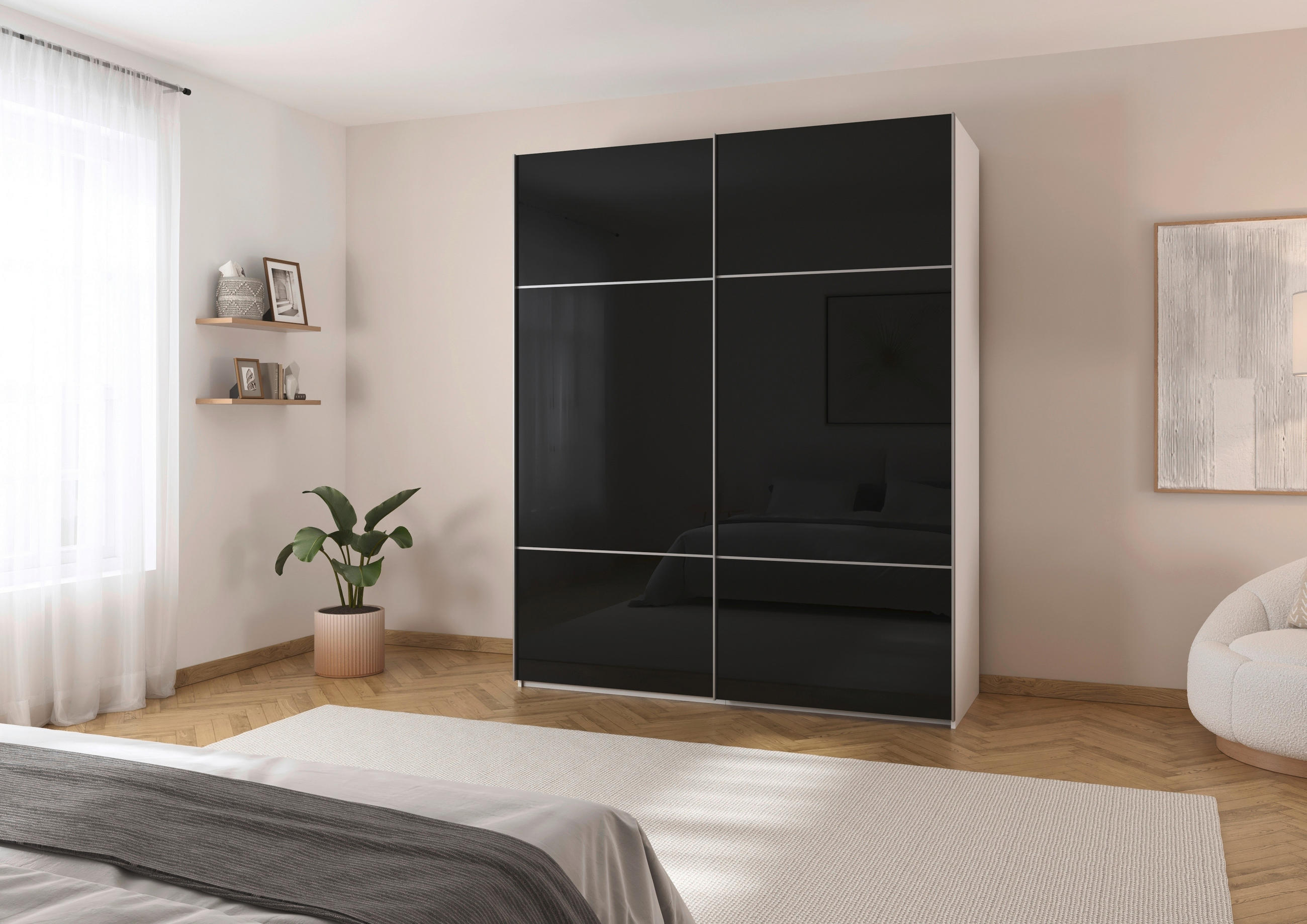 SCHWEBETÜRENSCHRANK in Schwarz, Weiss  - Weiss/Alufarben, Konventionell, Glas/Holzwerkstoff (201/223/67cm) - Novel
