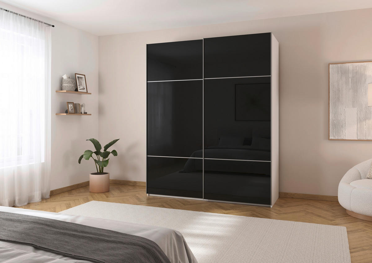 SCHWEBETÜRENSCHRANK in Schwarz, Weiss  - Weiss/Alufarben, Konventionell, Glas/Holzwerkstoff (181/223/67cm) - Novel