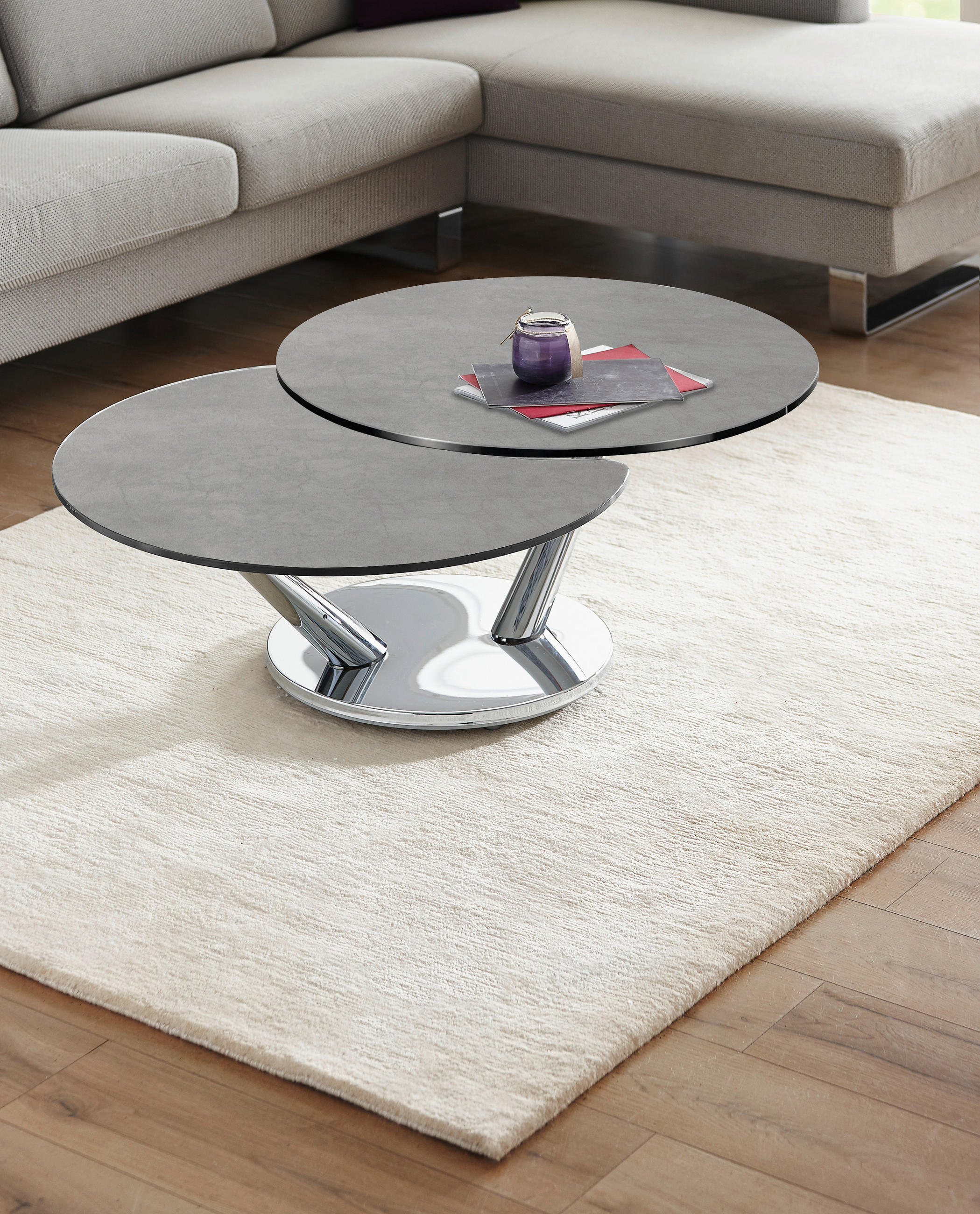 Thumbnail - Naos Couchtisch, Grau, Chrom, Metall, Keramik, rund, Rundrohr, X-Form, 80x40x80-128 cm, ausziehbar, Wohnzimmer, Wohnzimm...