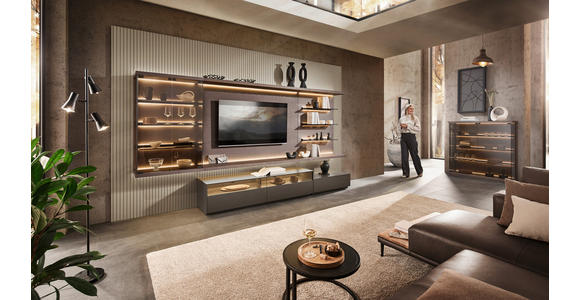 WOHNWAND  in Grau, Eiche dunkel  349,2/182/46 cm  - Eiche dunkel/Grau, Design, Glas/Holz (349,2/182/46cm) - Belluti