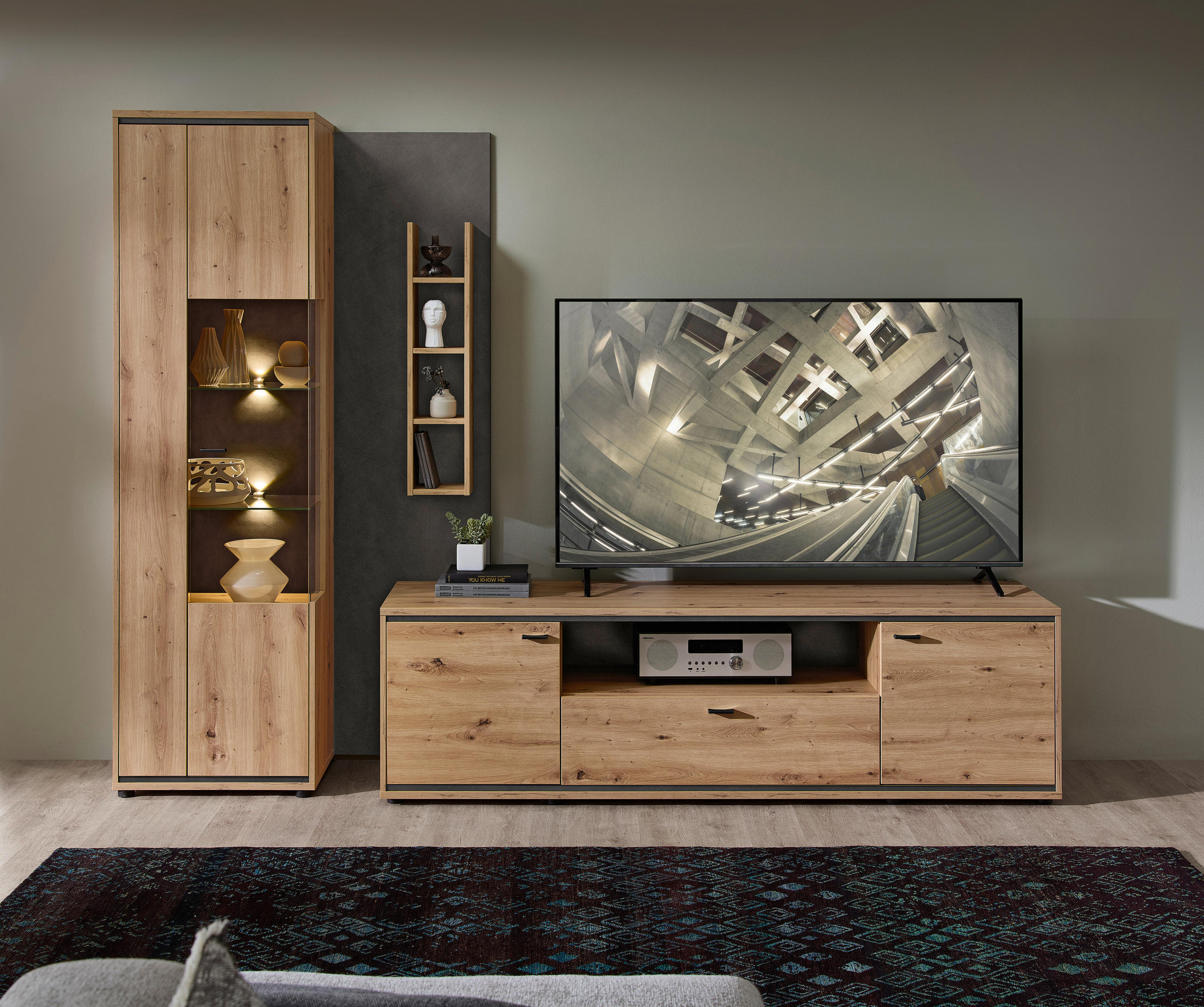 WOHNWAND  in Anthrazit, Eiche Artisan  280/205/49 cm  - Anthrazit/Schwarz, Design, Glas/Holzwerkstoff (280/205/49cm) - Stylife