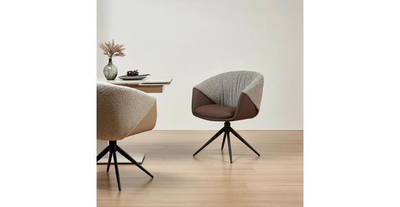 ARMLEHNSTUHL  Sitzfläche 360° drehbar, automatische Rückholfunktion Webstoff Echtleder  - Schwarz/Braun, Design, Leder/Textil (63,5/82,5/63cm) - Novel