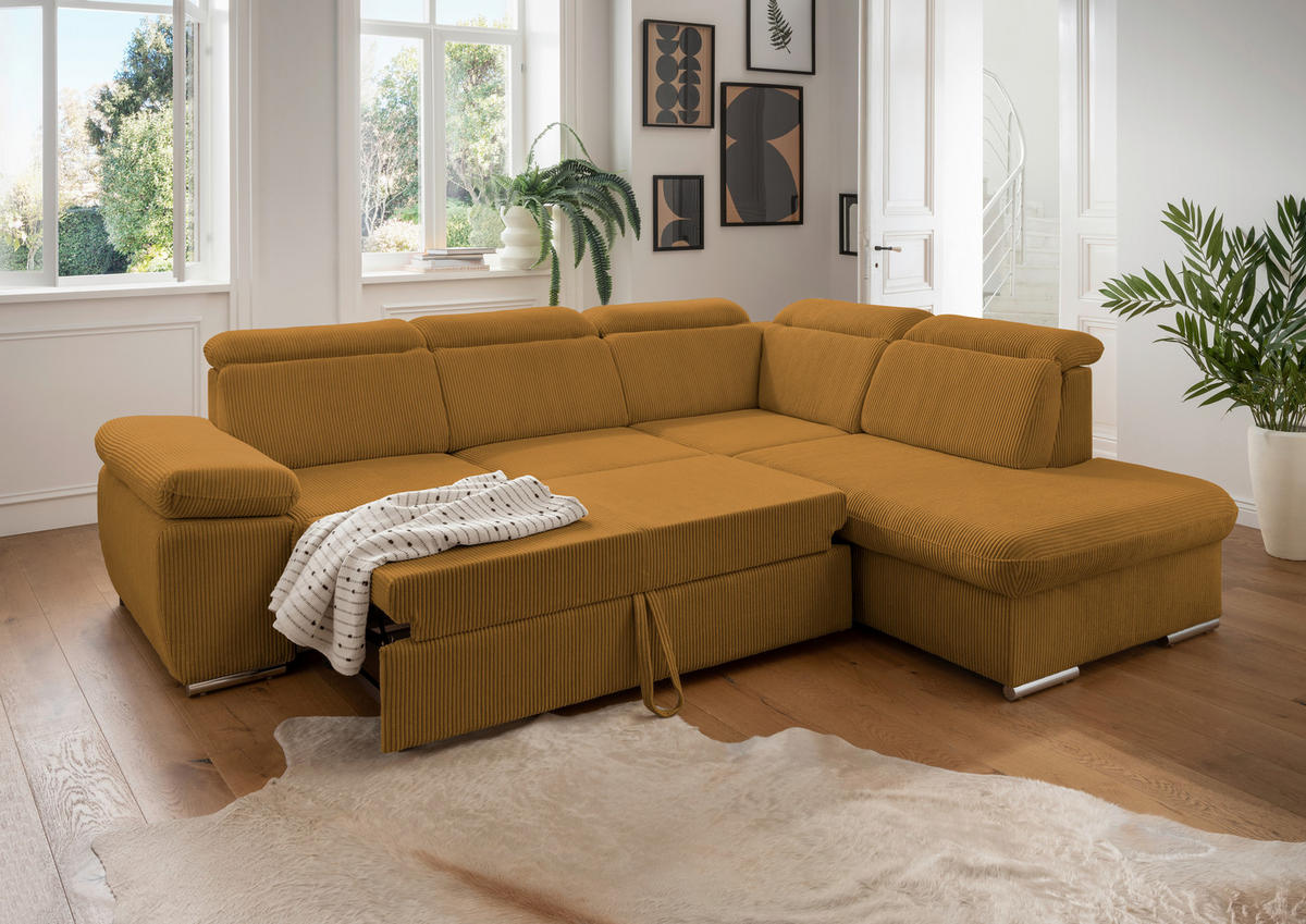 ECKSOFA in Cord Goldfarben  - Chromfarben/Goldfarben, Design, Textil/Metall (283/228cm) - Livetastic