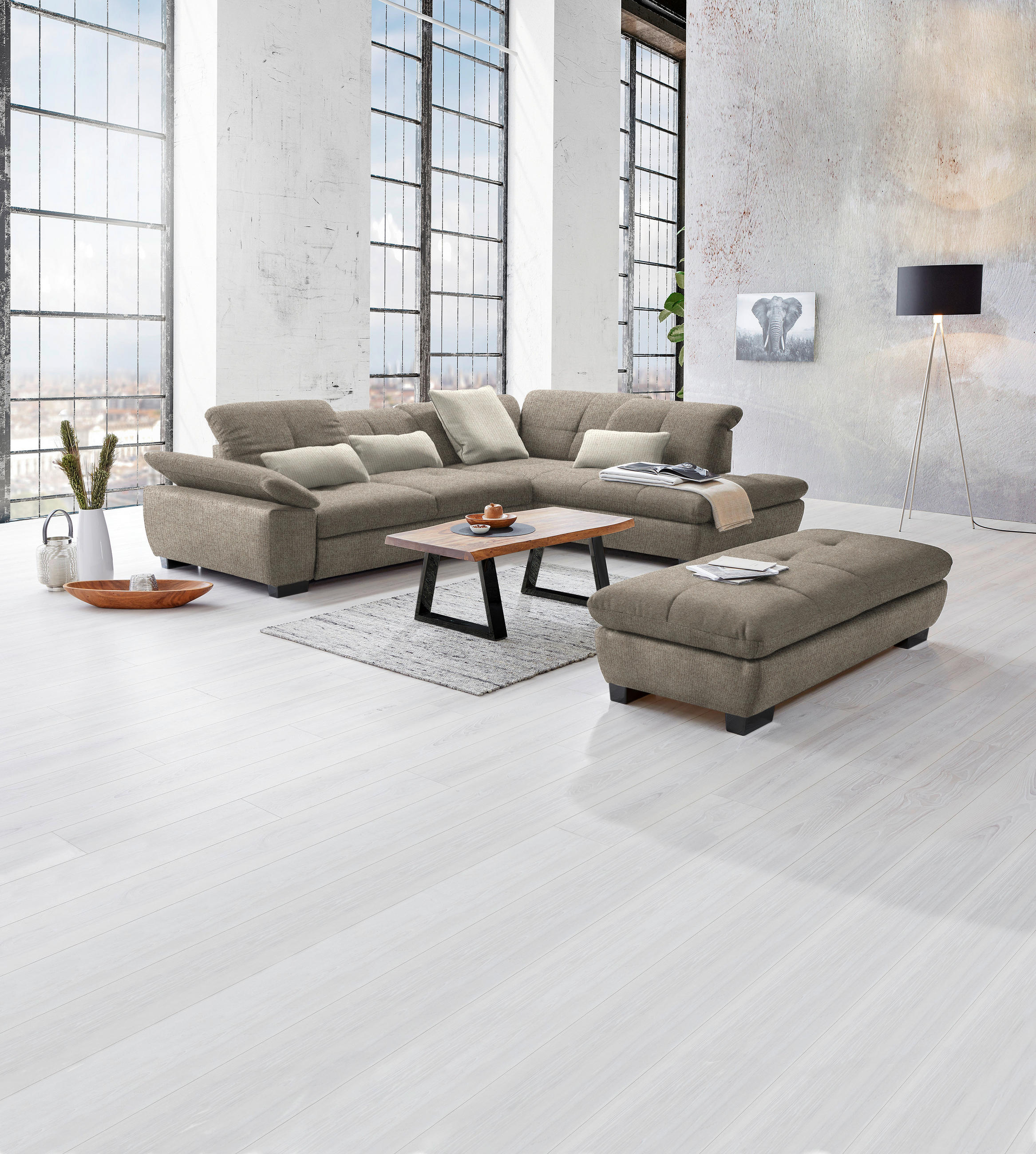 ECKSOFA in Flachgewebe Beige  - Beige/Schwarz, Design, Textil/Metall (313/242cm) - Xora
