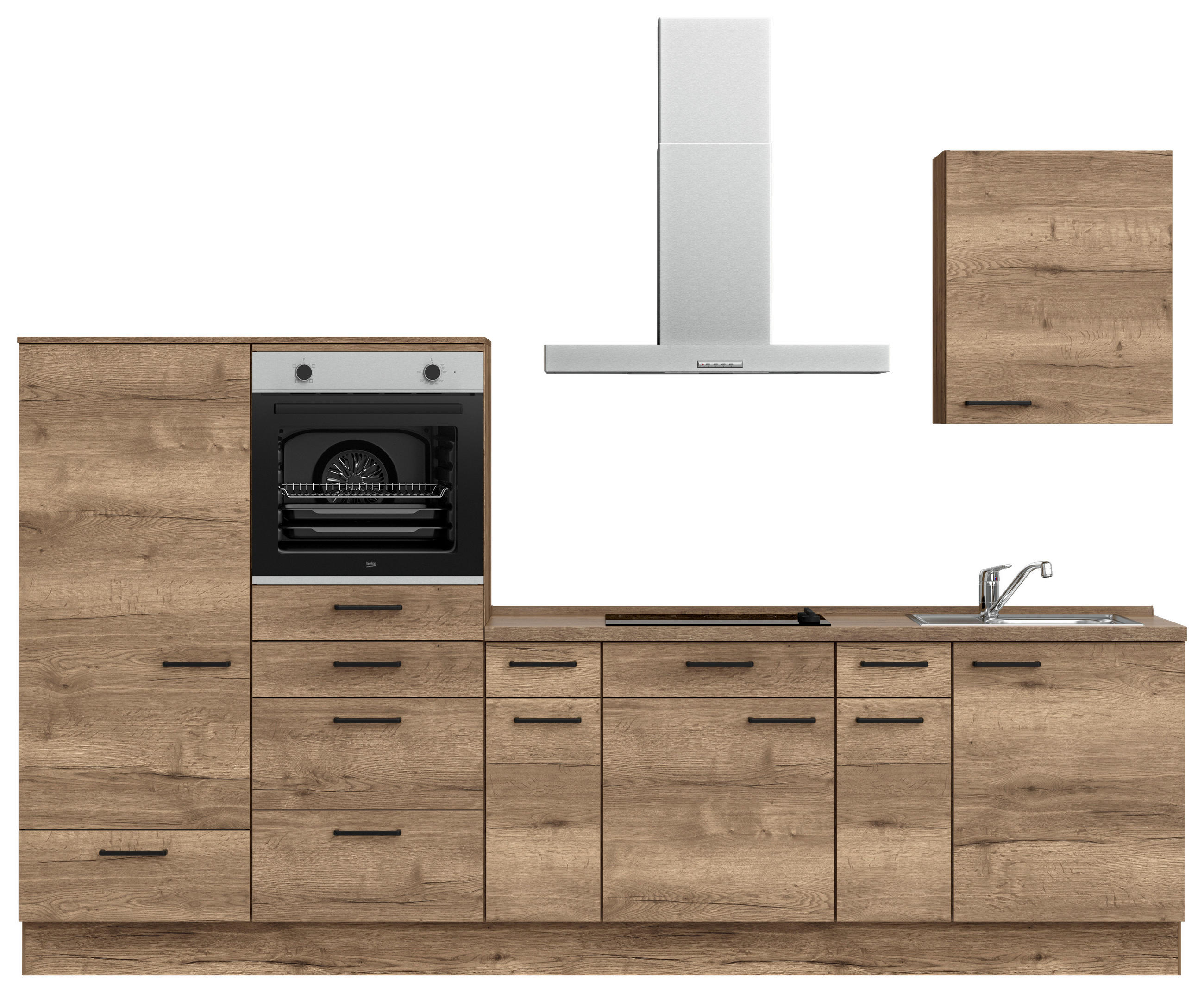 KÜCHENBLOCK 300 cm   in Eiche dunkel  - Eiche dunkel/Eichefarben, MODERN, Holzwerkstoff/Metall (300cm) - Nobilia