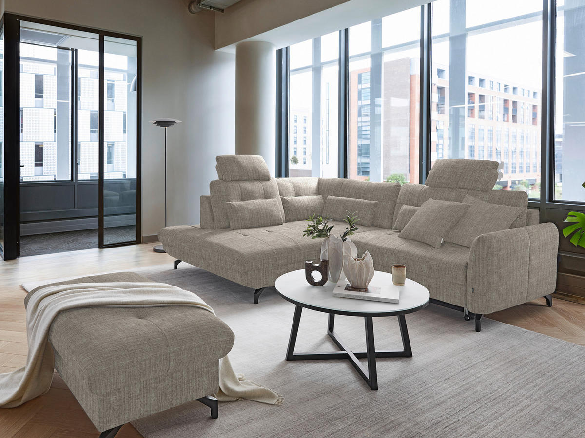 ECKSOFA in Flachgewebe, Leinenoptik Hellbraun  - Hellbraun/Schwarz, Design, Textil/Metall (208/247cm) - Xora