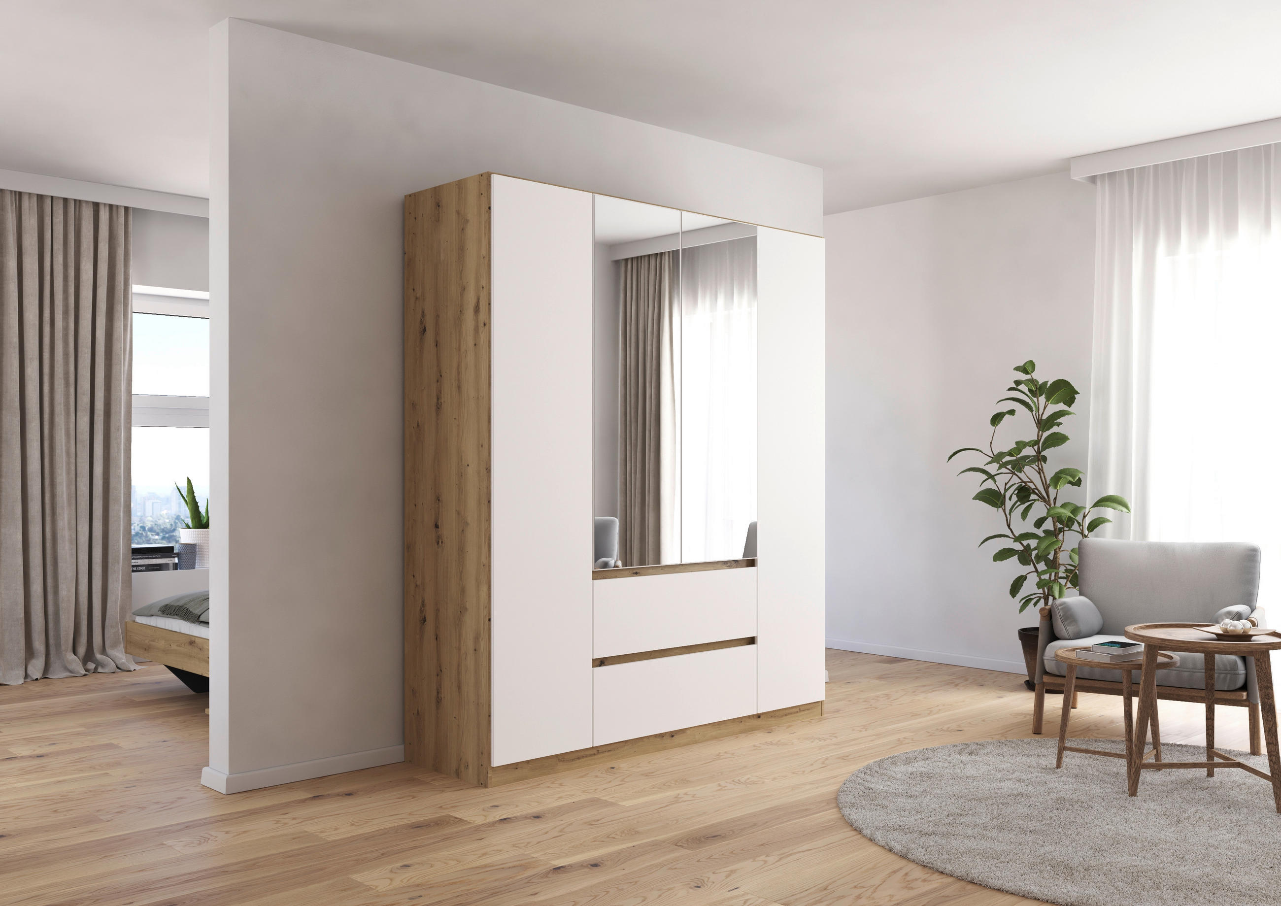 DREHTÜRENSCHRANK in Weiss, Eiche Artisan, Silberfarben  - chêne artisan/blanc, Basics, matériau de bois (181/210/54cm) - Rauch Möbel