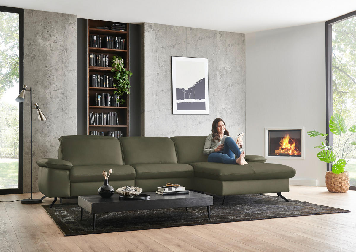 ECKSOFA  Echtleder Graugrün  - Schwarz/Graugrün, Design, Leder/Metall (307/169cm) - Beldomo Premium