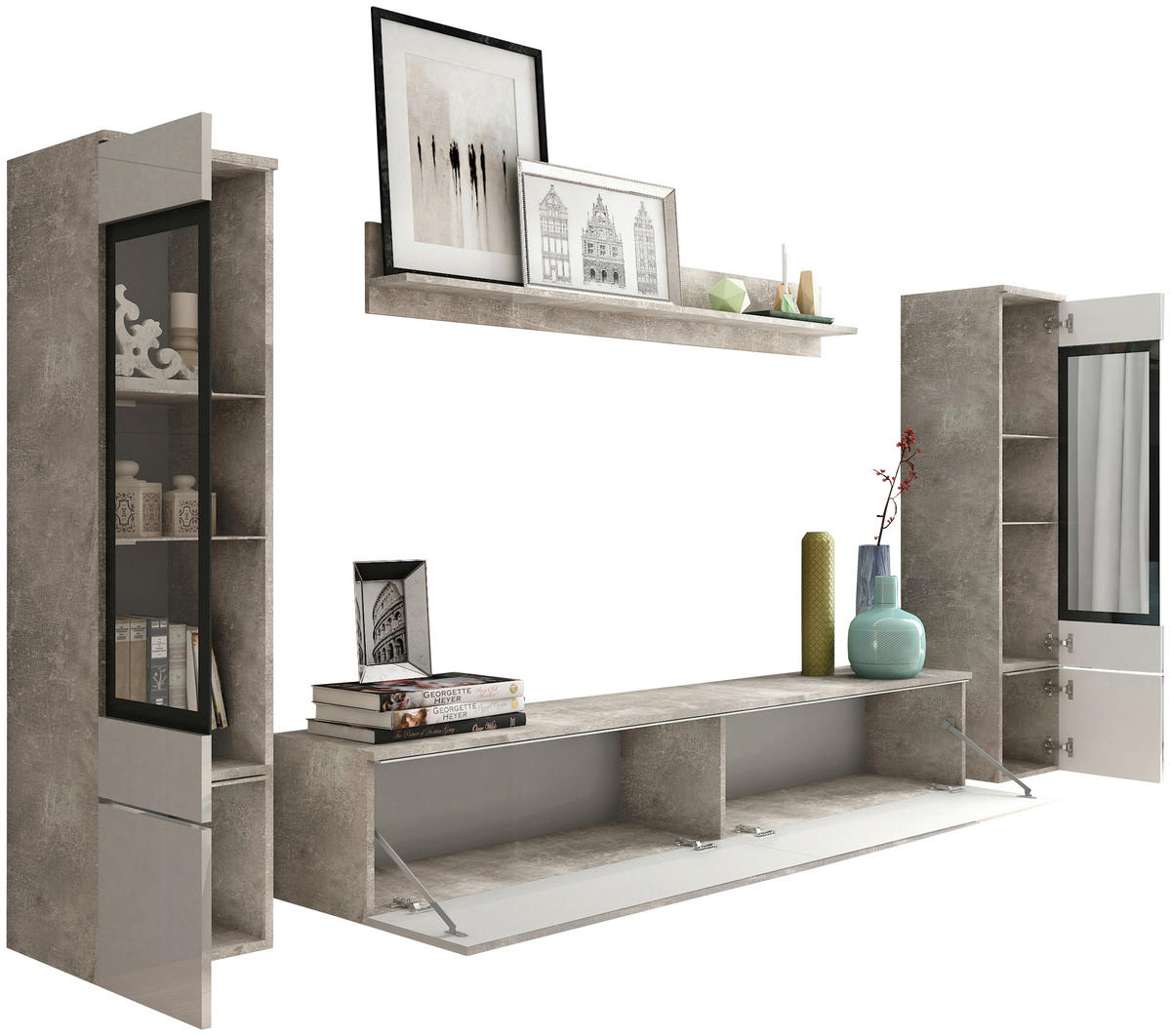 OBÝVACIA STENA, biela s vysokým leskom, sivá - sivá/biela s vysokým leskom, Lifestyle, kompozitné drevo/plast (240/130/33cm) - P & B