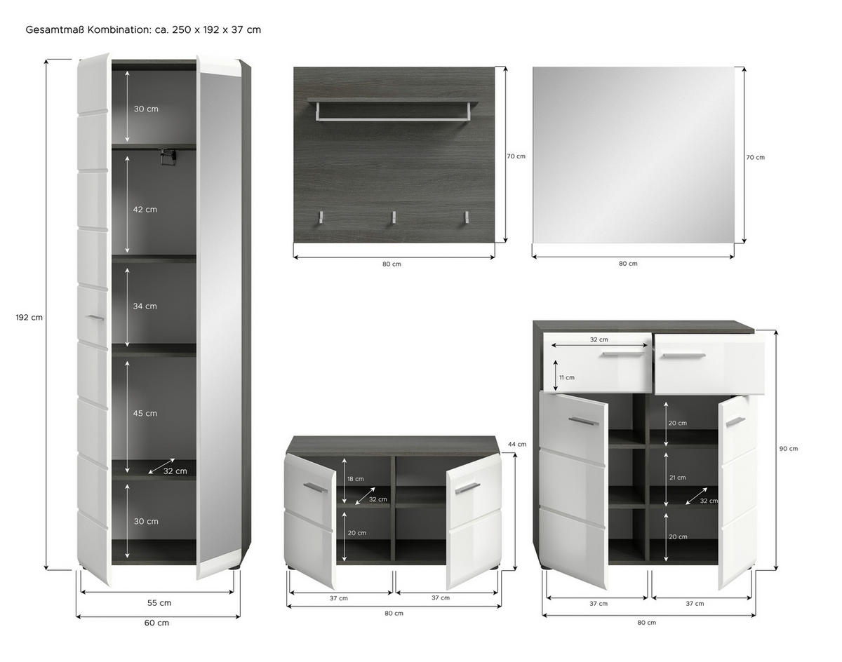 GARDEROBE 5-teilig  in 250/192/37 cm  - Weiß Hochglanz, Design, Glas/Holzwerkstoff (250/192/37cm) - MID.YOU