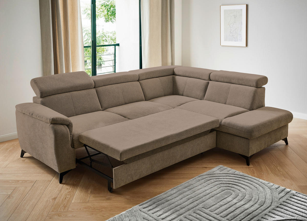 Ecksofa inkl. Funktionen in Chenille Braun, Schlammfarben  - Schlammfarben/Schwarz, Design, Textil/Metall (260/203cm) - Stylife