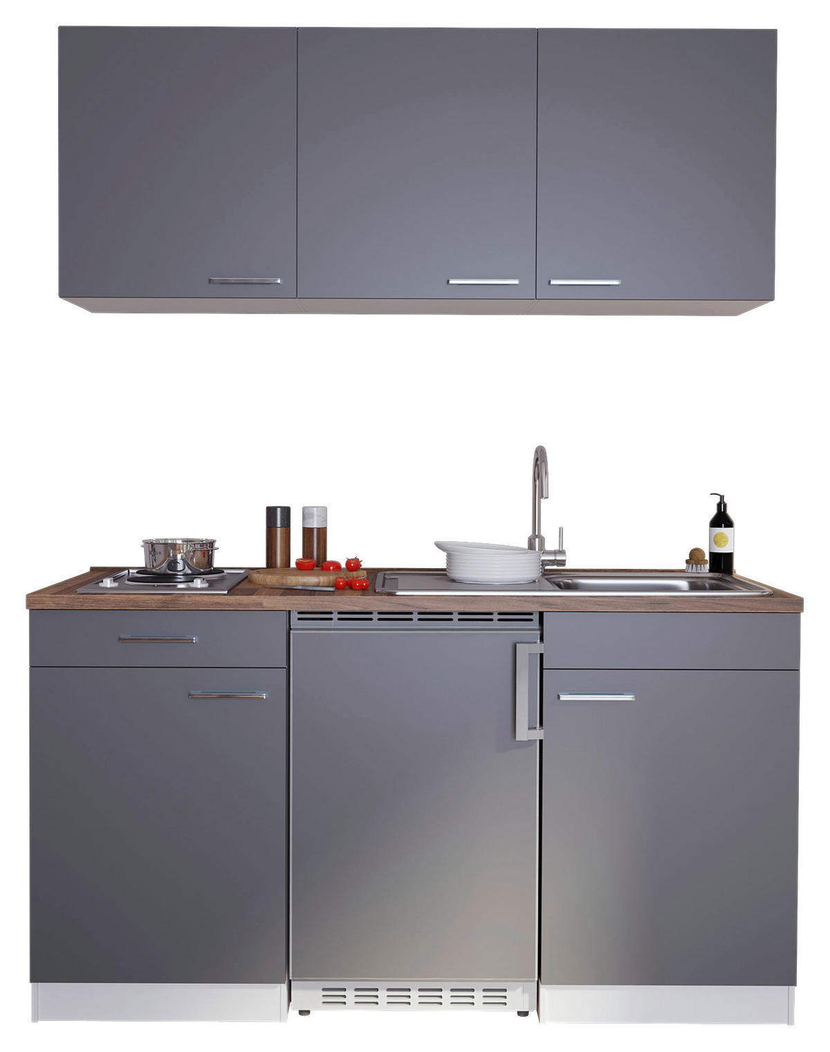 MINIKÜCHE 150 cm   in Grau  - Edelstahlfarben/Nussbaumfarben, Basics, Holzwerkstoff/Kunststoff (150cm) - Respekta