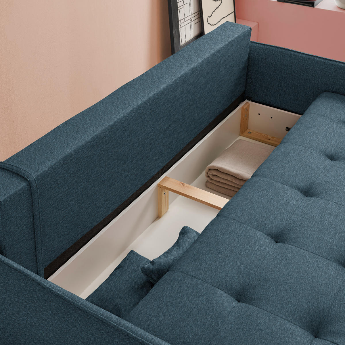 SCHLAFSOFA Struktur Blau  - Blau/Buchefarben, Design, Holz/Textil (217/97/101cm) - Carryhome